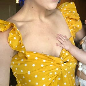 Twist front frill trim yellow polka dot top